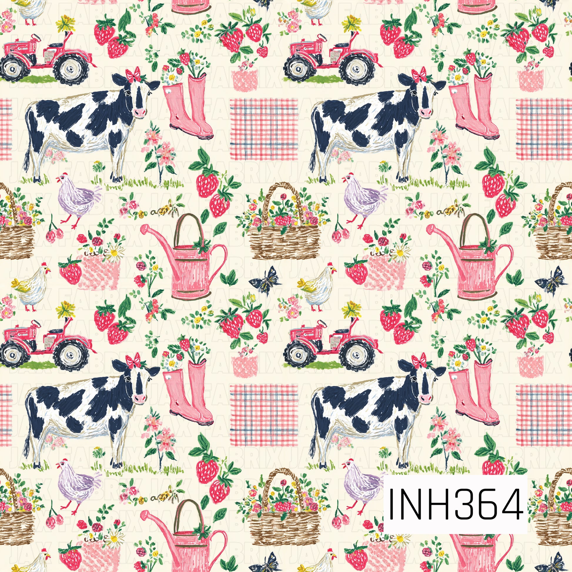 A seamless watercolor pattern featuring charming farm-inspired illustrations, including black and white cows, red tractors, chickens, pink rain boots, watering cans, baskets of flowers, strawberries, and plaid accents. Set against a soft cream background with delicate florals and greenery, the design has a fresh, cozy farmhouse feel with a sweet country aesthetic.
