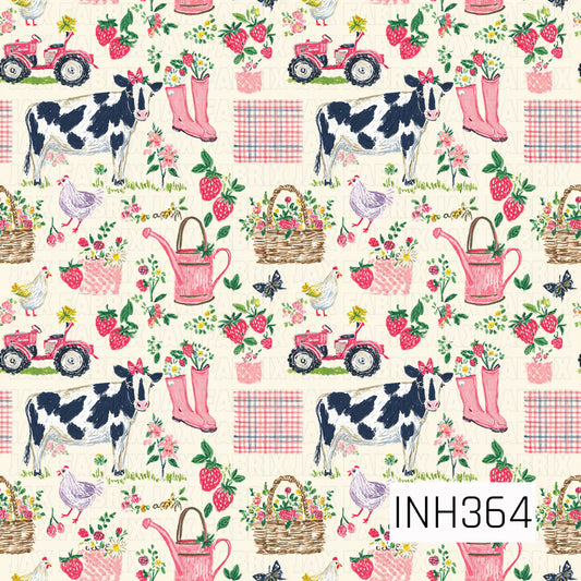 A seamless watercolor pattern featuring charming farm-inspired illustrations, including black and white cows, red tractors, chickens, pink rain boots, watering cans, baskets of flowers, strawberries, and plaid accents. Set against a soft cream background with delicate florals and greenery, the design has a fresh, cozy farmhouse feel with a sweet country aesthetic.
