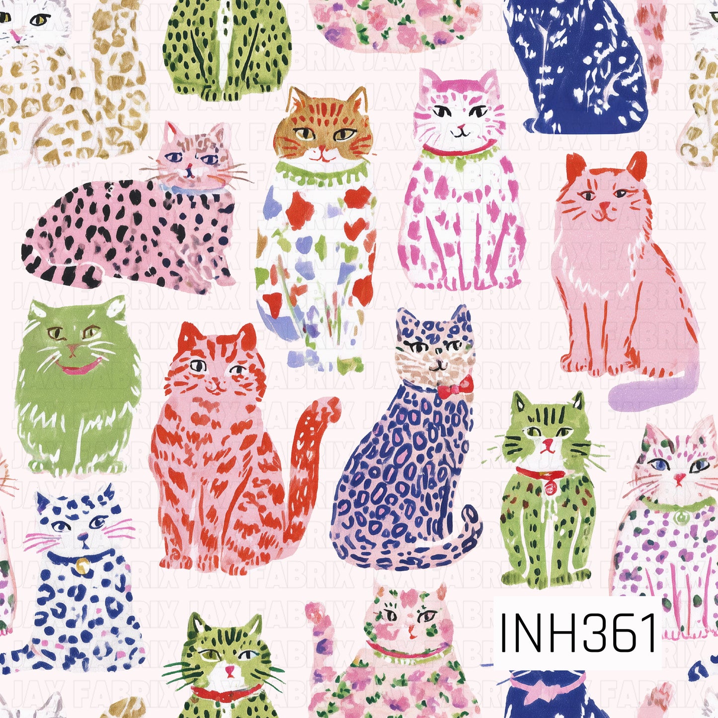 A seamless pattern featuring a colorful collection of hand-painted cats in a variety of playful poses and whimsical patterns. Shades of pink, coral, green, blue, purple, and gold create a lively watercolor look, while each unique feline adds charm and personality against a clean white background.
