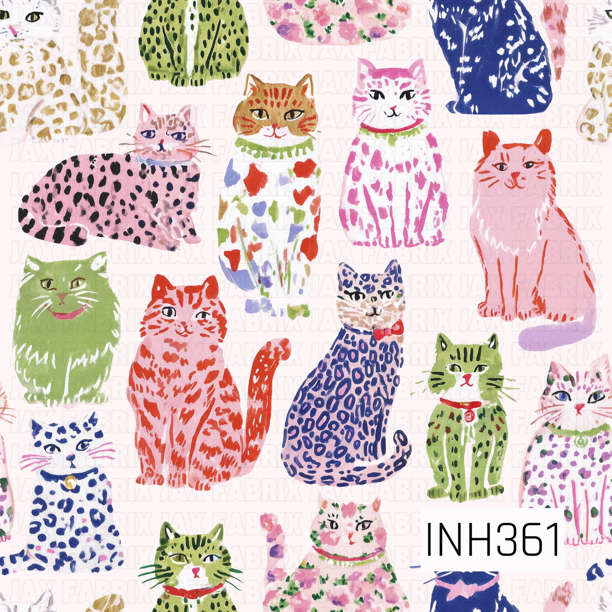 A seamless pattern featuring a colorful collection of hand-painted cats in a variety of playful poses and whimsical patterns. Shades of pink, coral, green, blue, purple, and gold create a lively watercolor look, while each unique feline adds charm and personality against a clean white background.
