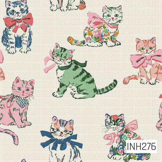 Vintage pattern of colorful cats with bows on a light background