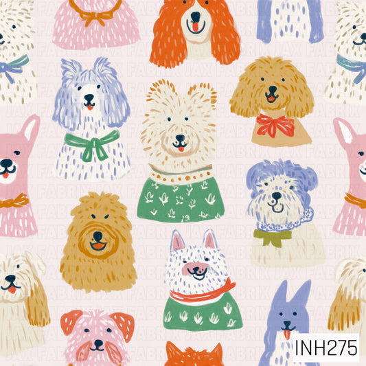 Pattern of cartoon dogs in various outfits on a light background