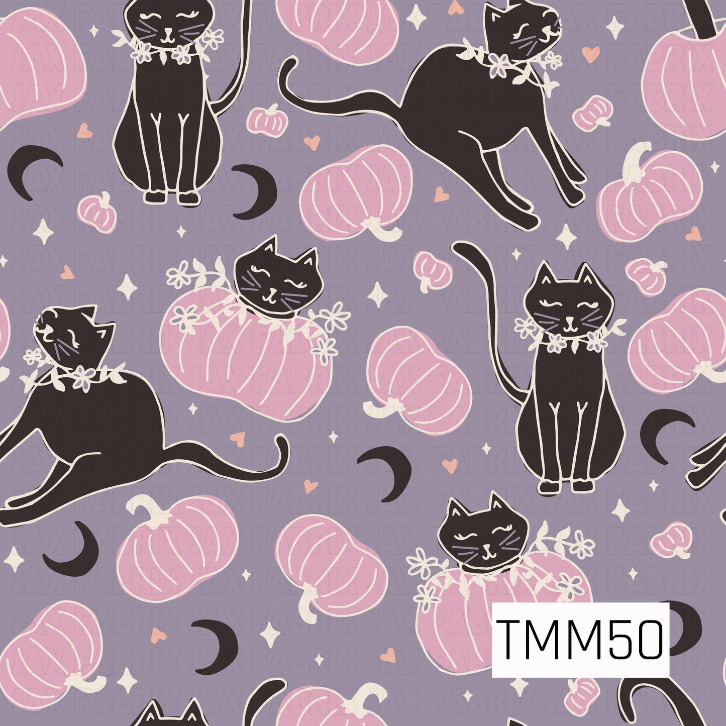 Black cats with sweet floral collars lounge and play among soft pink pumpkins, crescent moons, tiny hearts, and twinkling stars on a muted lavender background, creating a whimsical spooky-cute Halloween pattern.
