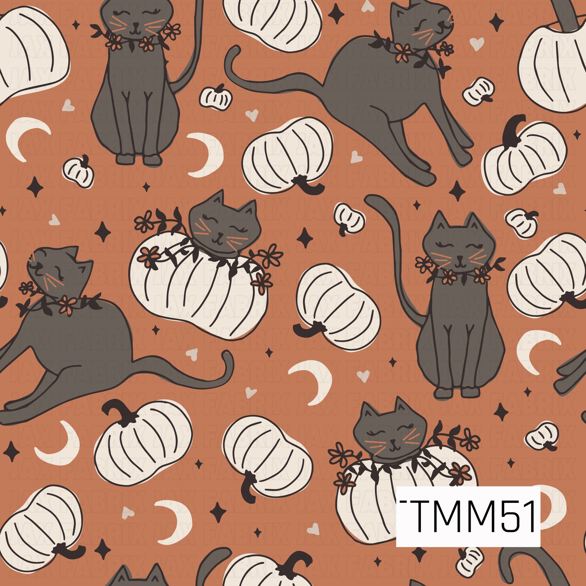 Dark gray cats with autumn floral collars lounge and play among ivory pumpkins, crescent moons, tiny hearts, and twinkling stars on a warm pumpkin orange background, creating a cozy spooky-cute Halloween pattern.
