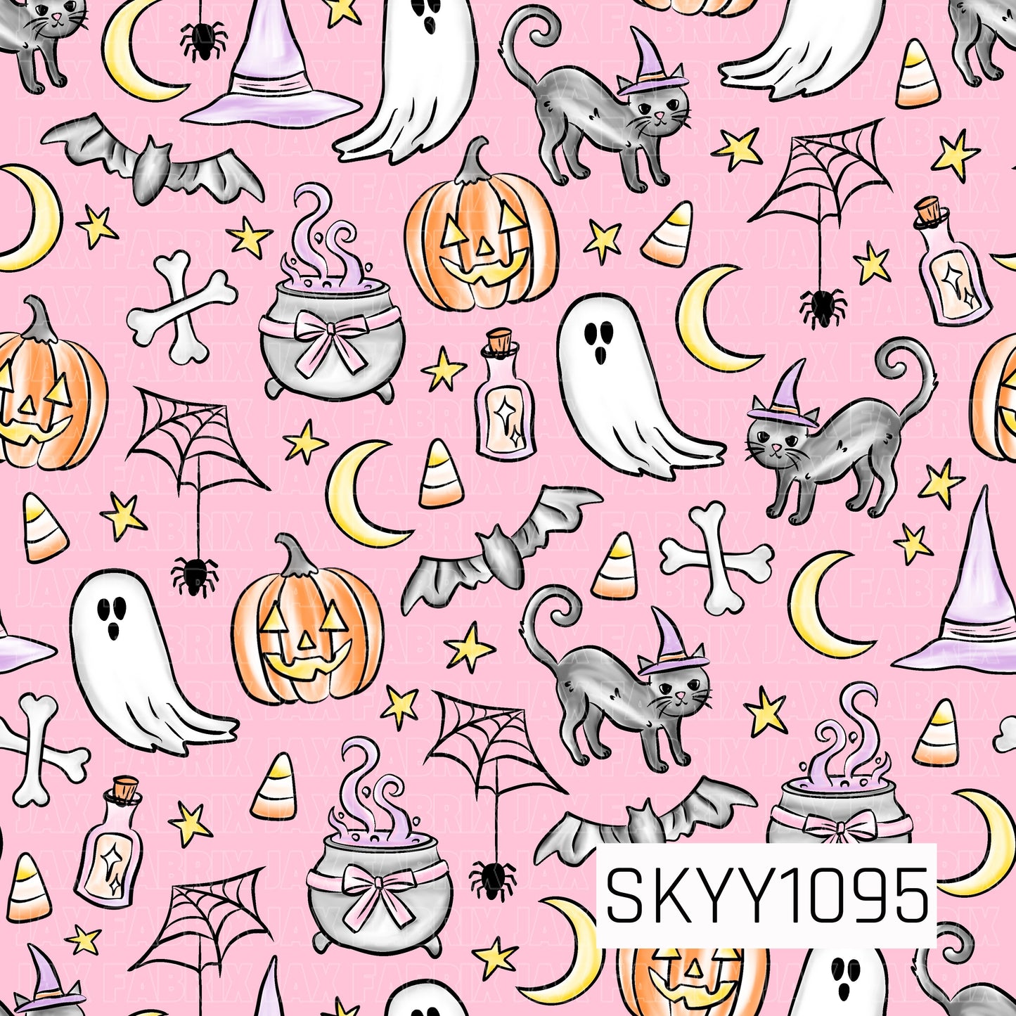 A whimsical seamless Halloween pattern featuring friendly ghosts, smiling jack-o'-lanterns, black cats in purple witch hats, flying bats, crescent moons, spider webs, candy corn, potion bottles, bubbling cauldrons with pink bows, stars, bones, and tiny spiders scattered across a soft pink background. The playful mix of pastel pink, orange, black, gray, yellow, and white creates a cute, magical Halloween design with a charming spooky vibe.
