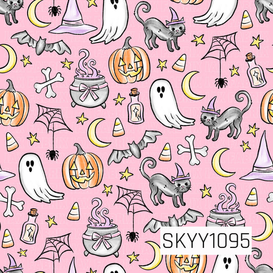 A whimsical seamless Halloween pattern featuring friendly ghosts, smiling jack-o'-lanterns, black cats in purple witch hats, flying bats, crescent moons, spider webs, candy corn, potion bottles, bubbling cauldrons with pink bows, stars, bones, and tiny spiders scattered across a soft pink background. The playful mix of pastel pink, orange, black, gray, yellow, and white creates a cute, magical Halloween design with a charming spooky vibe.
