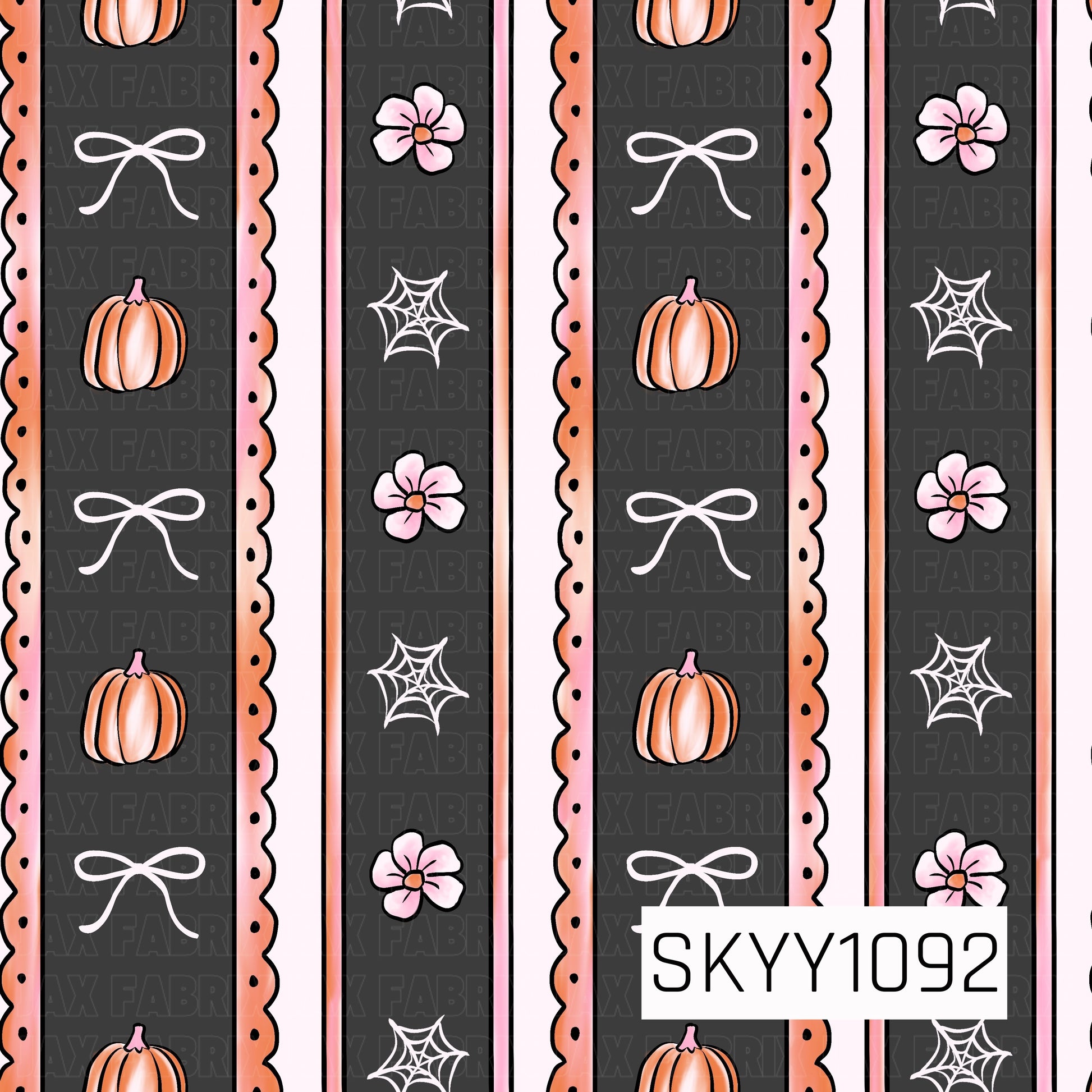 A charming seamless stripe pattern featuring alternating charcoal gray and blush pink vertical bands accented with scalloped borders. Delicate white bows, soft peach pumpkins, pink flowers, and white spider webs are scattered throughout, creating a sweet Halloween-inspired design with a feminine, vintage feel.
