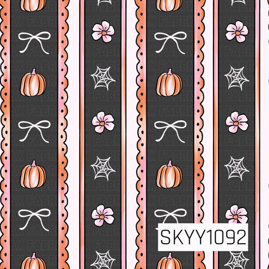 A charming seamless stripe pattern featuring alternating charcoal gray and blush pink vertical bands accented with scalloped borders. Delicate white bows, soft peach pumpkins, pink flowers, and white spider webs are scattered throughout, creating a sweet Halloween-inspired design with a feminine, vintage feel.

