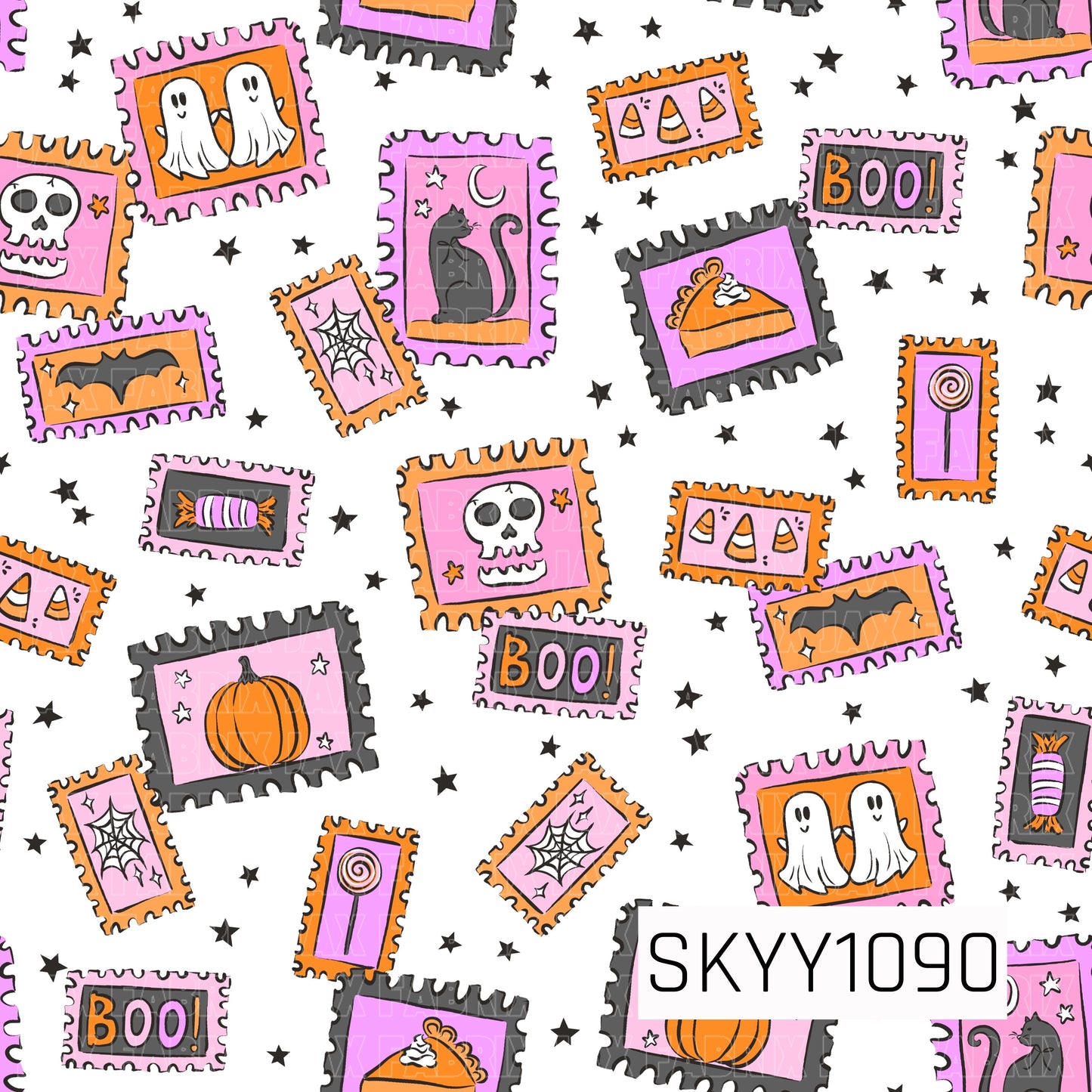 A playful seamless pattern featuring colorful Halloween-inspired postage stamps decorated with friendly ghosts, black cats, pumpkins, candy corn, bats, skulls, spider webs, lollipops, wrapped candy, pie slices, and cheerful "BOO!" lettering. Set against a crisp white background with scattered black stars, the vibrant mix of pink, orange, purple, black, and white creates a fun, whimsical Halloween design with a vintage mail-inspired theme.
