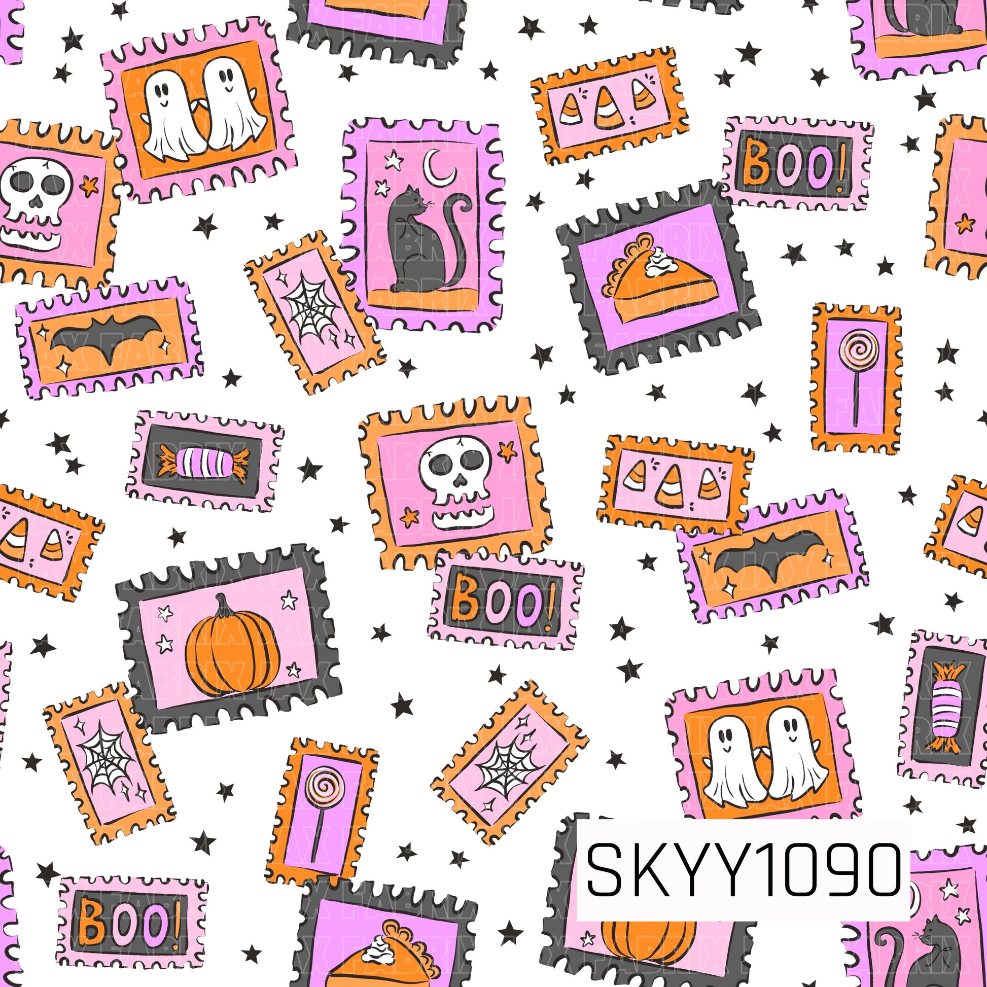 A playful seamless pattern featuring colorful Halloween-inspired postage stamps decorated with friendly ghosts, black cats, pumpkins, candy corn, bats, skulls, spider webs, lollipops, wrapped candy, pie slices, and cheerful "BOO!" lettering. Set against a crisp white background with scattered black stars, the vibrant mix of pink, orange, purple, black, and white creates a fun, whimsical Halloween design with a vintage mail-inspired theme.
