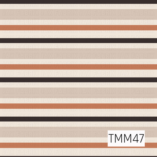 Horizontal stripes in warm pumpkin orange, cream, beige, and deep charcoal create a clean, versatile coordinate with a cozy autumn color palette and a simple, timeless style.
