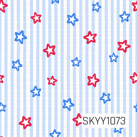 Pattern of red and blue stars on a light blue striped background