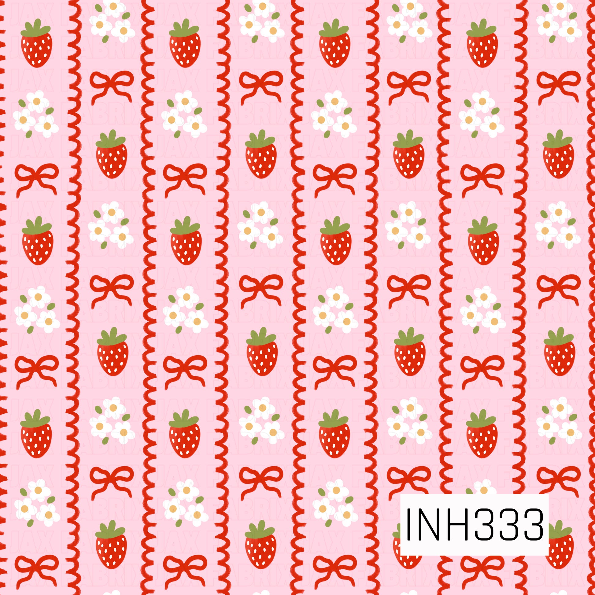 Sweet strawberry stripes featuring bright red berries, tiny white blossoms, and dainty ribbon bows arranged in alternating pink panels with scalloped red borders. The playful layout creates a charming vintage-inspired berry patch feel.
