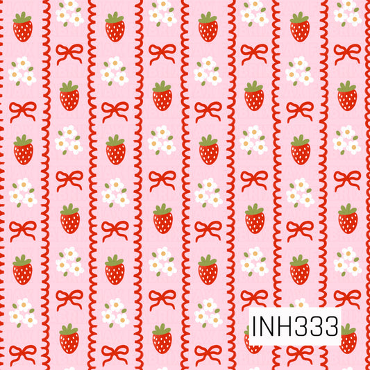 Sweet strawberry stripes featuring bright red berries, tiny white blossoms, and dainty ribbon bows arranged in alternating pink panels with scalloped red borders. The playful layout creates a charming vintage-inspired berry patch feel.
