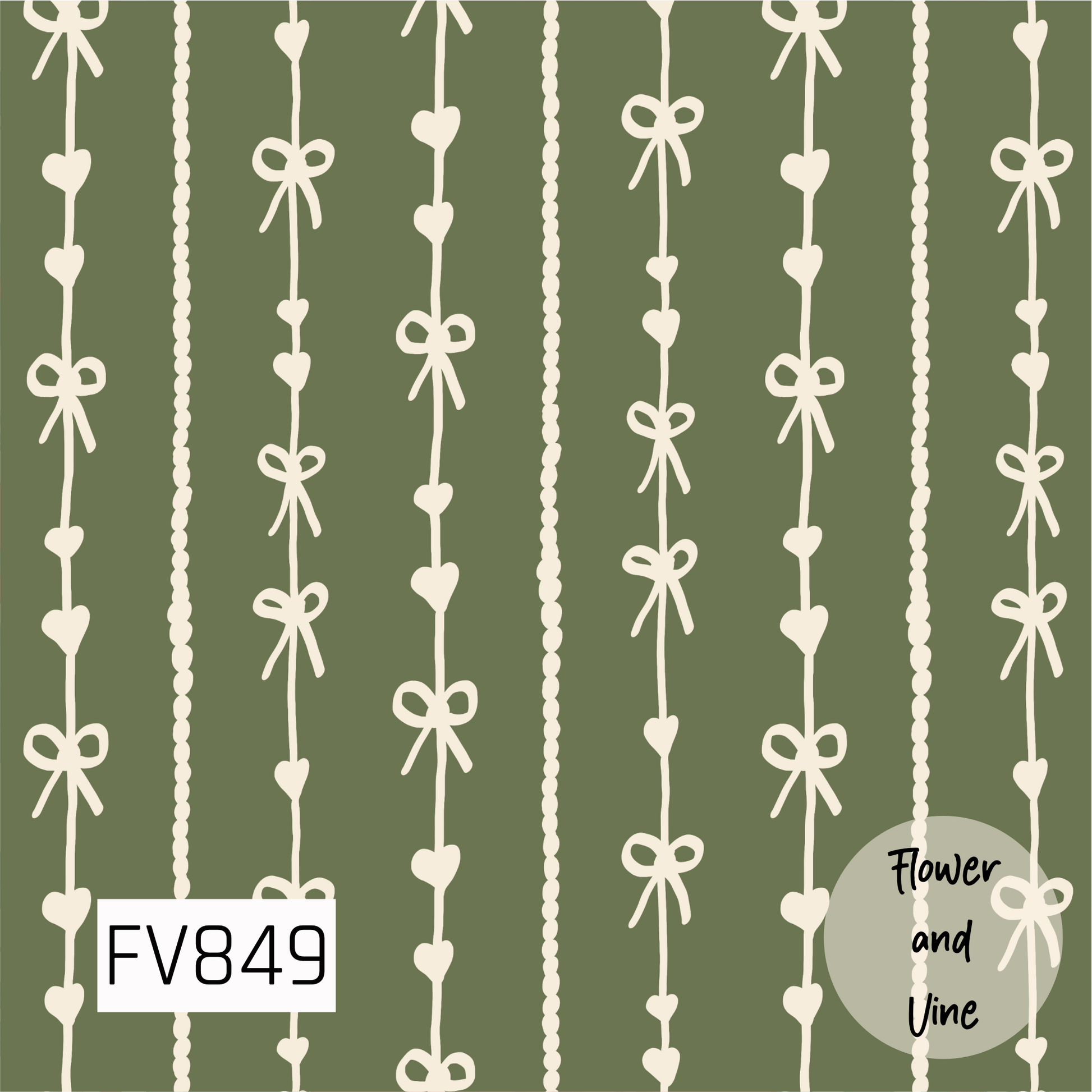 A playful striped print featuring cream bows, tiny hearts, and dotted lines arranged vertically across a muted olive green background. The hand-drawn details give the design a sweet, whimsical feel with a cozy vintage-inspired look.

