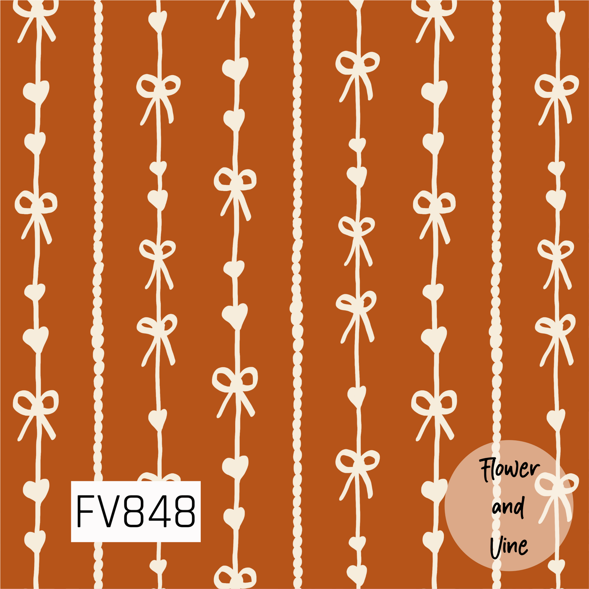 A playful striped print featuring cream bows, tiny hearts, and dotted lines arranged vertically across a warm burnt orange background. The hand-drawn details give the design a sweet, whimsical feel with a cozy retro-inspired look.
