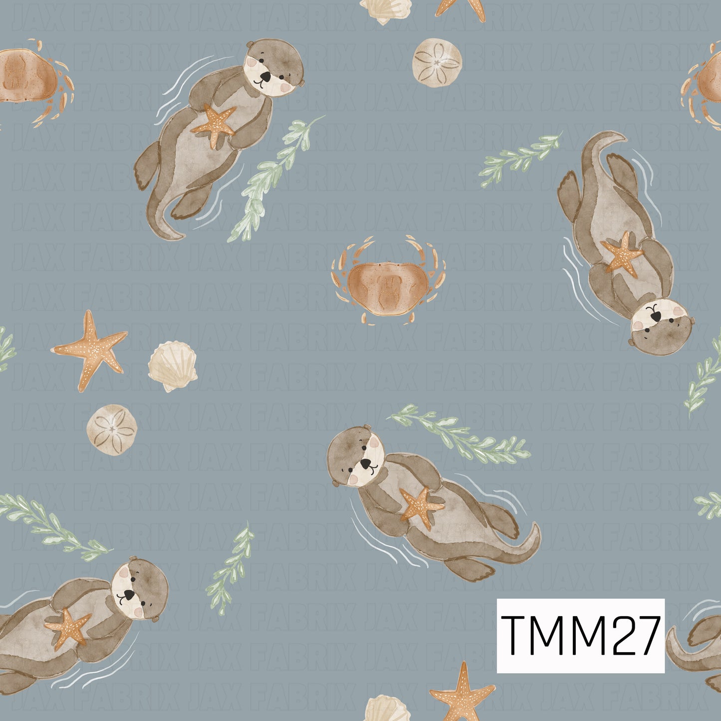 A charming watercolor-style pattern featuring playful sea otters floating across a soft harbor blue background. The otters hold sandy tan starfish and are surrounded by sage green seaweed, tan crabs, cream seashells, sand dollars, and delicate white water accents. The soothing blend of harbor blue, tan, cream, sage green, and soft brown creates a sweet, whimsical design with a calm coastal feel.
