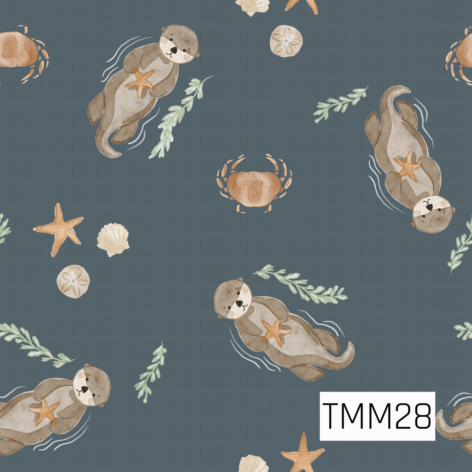 A whimsical watercolor pattern featuring floating sea otters on a deep navy blue background. The soft brown and cream otters hold sandy tan starfish and are scattered among pale sage green seaweed sprigs, tan crabs, cream seashells, sand dollars, and delicate white water ripples. The rich navy backdrop paired with muted coastal tones creates a cozy, nautical design with a playful seaside charm.
