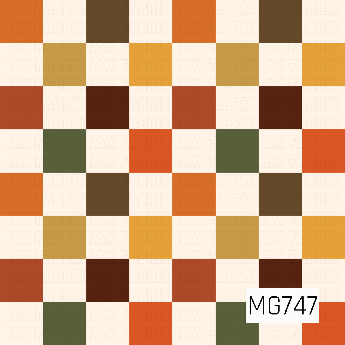 A bold fall checkerboard pattern featuring alternating cream squares and rich autumn shades of burnt orange, mustard yellow, rust, chocolate brown, olive green, and warm caramel. The large, evenly spaced squares create a colorful geometric design with a cozy Thanksgiving-inspired palette.
