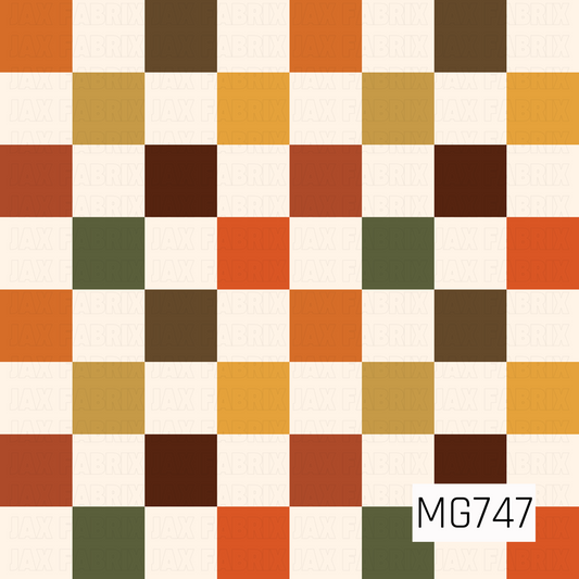 A bold fall checkerboard pattern featuring alternating cream squares and rich autumn shades of burnt orange, mustard yellow, rust, chocolate brown, olive green, and warm caramel. The large, evenly spaced squares create a colorful geometric design with a cozy Thanksgiving-inspired palette.