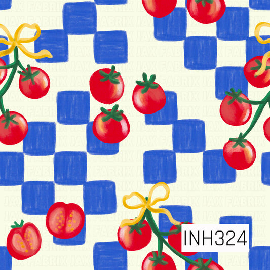 A playful hand-painted pattern of bright red cherry tomatoes on green vines, scattered across an irregular cobalt blue checkerboard. Delicate golden-yellow ribbon bows weave through the vines, while a few sliced tomatoes reveal soft pink interiors with golden seeds. Set against a warm cream background, the design has a fresh, whimsical Mediterranean farmhouse feel with visible painterly brush textures.
