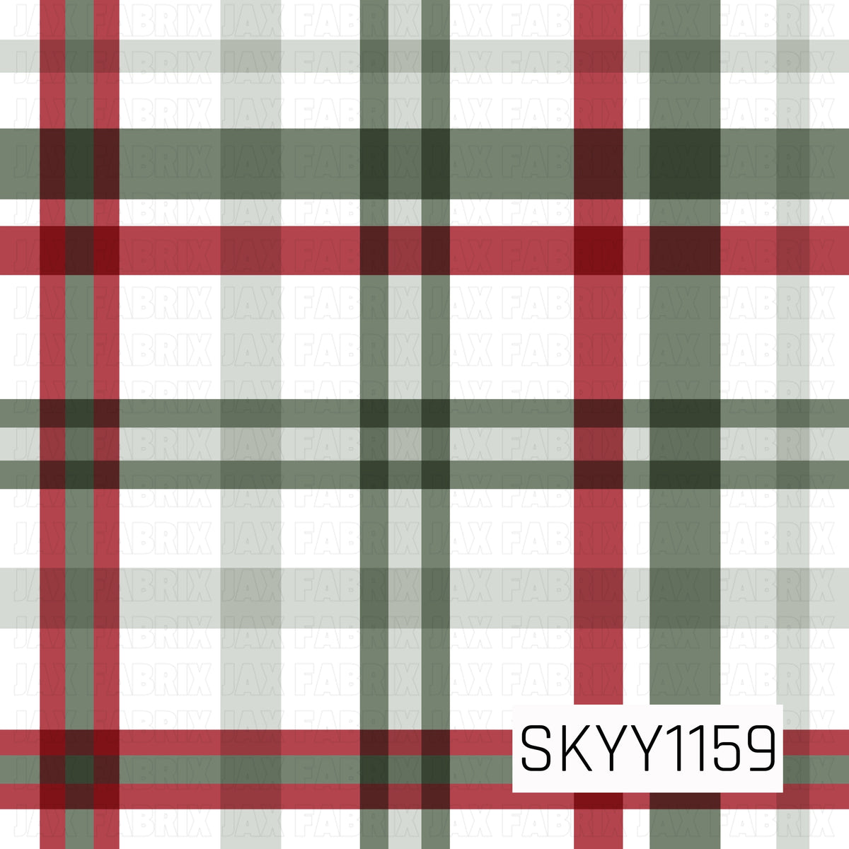 A classic Christmas plaid featuring overlapping stripes in deep red, forest green, soft sage, and white. The layered transparent bands create darker intersections throughout, giving the pattern a traditional tartan-inspired look with a clean, festive feel.
