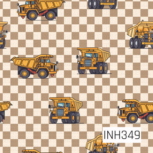 A construction-themed pattern featuring detailed yellow dump trucks scattered across a warm tan and cream gingham background. The trucks are illustrated from multiple angles, creating a dynamic repeating layout, while the earthy checkered backdrop adds a rustic, classic feel. The combination of golden construction vehicles and neutral tones creates a playful yet timeless design perfect for truck and heavy equipment enthusiasts.
