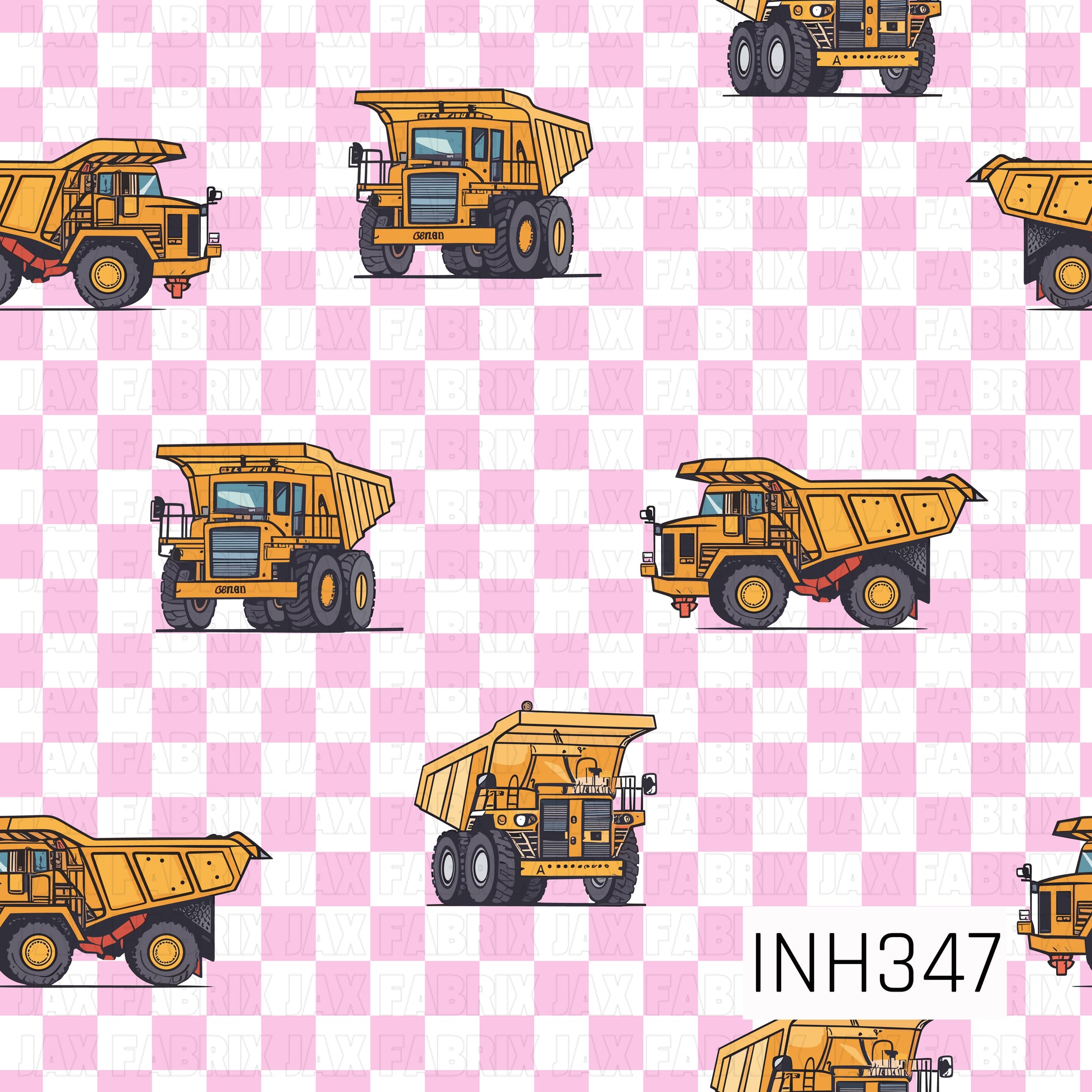 A playful construction-themed pattern featuring large yellow dump trucks scattered across a soft pink and white gingham background. The detailed trucks are shown from multiple angles, creating a fun repeating layout, while the cheerful pastel check pattern adds a sweet, unexpected twist to the rugged construction motif. Perfect for little builders with a love for trucks and all things pink.
