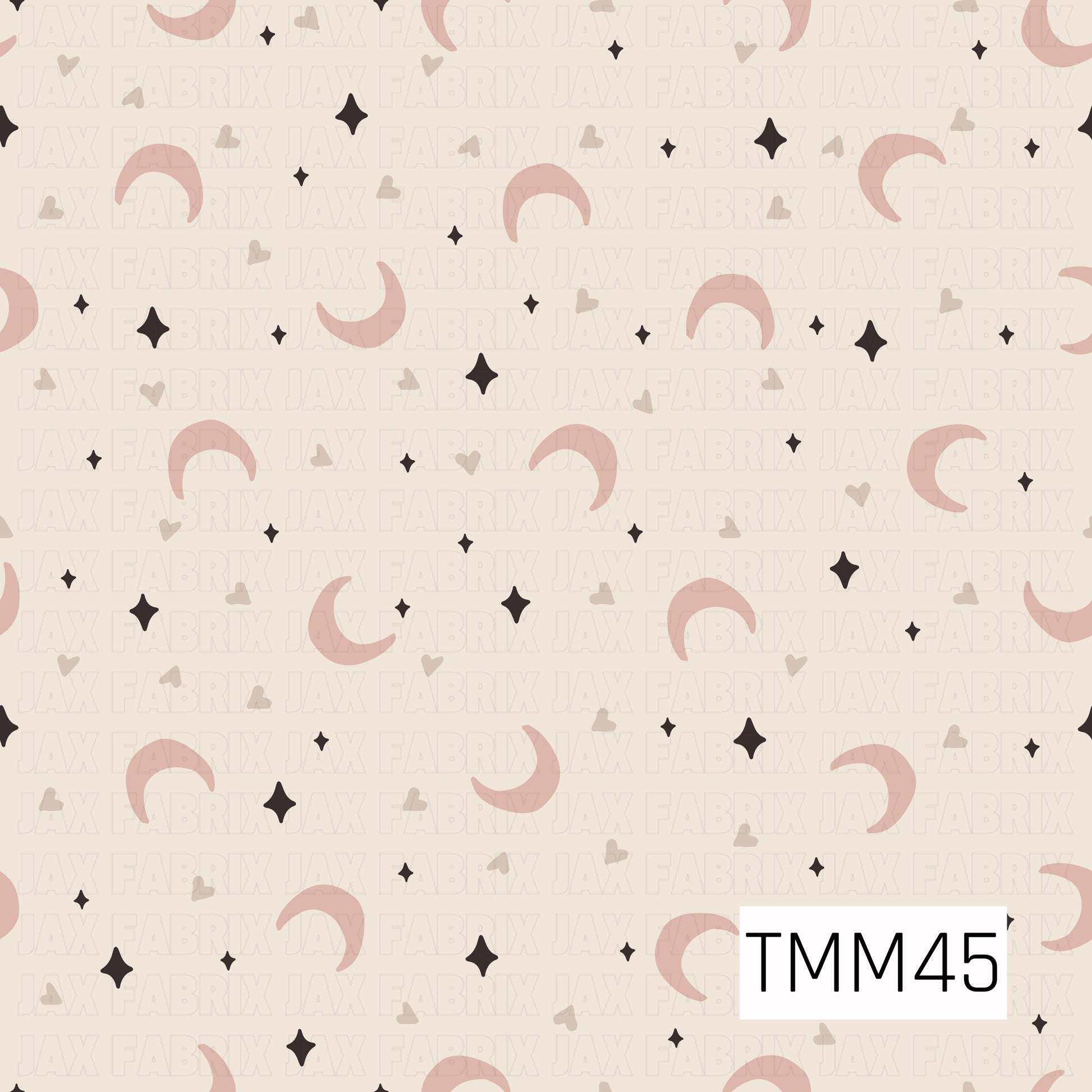 Soft dusty blush crescent moons are scattered across a warm cream background with tiny taupe hearts and black twinkling stars, creating a subtle celestial pattern with a cozy, minimalist aesthetic.
