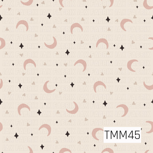 Soft dusty blush crescent moons are scattered across a warm cream background with tiny taupe hearts and black twinkling stars, creating a subtle celestial pattern with a cozy, minimalist aesthetic.
