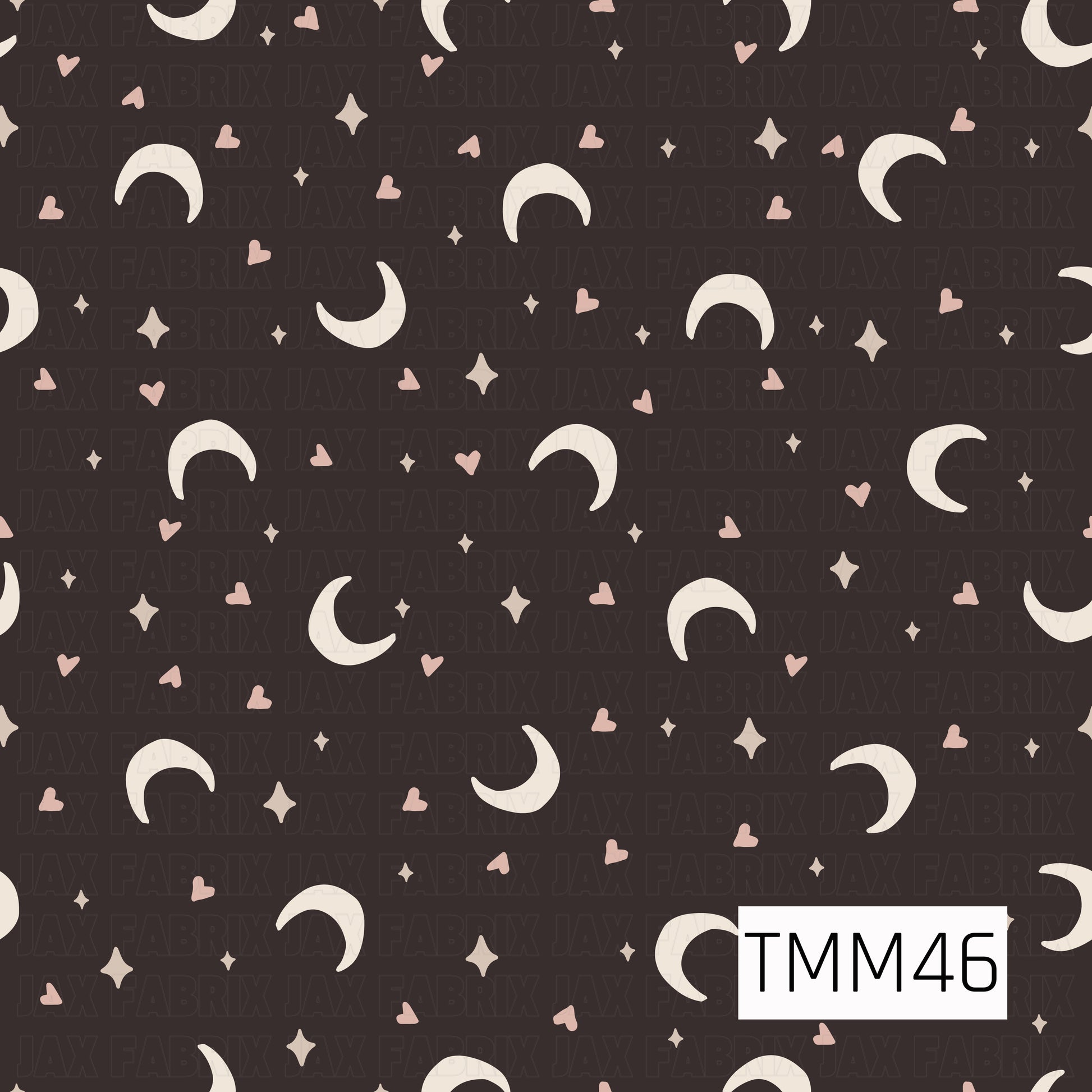 Cream crescent moons are scattered across a rich charcoal background with soft blush hearts and tiny twinkling stars, creating a simple celestial pattern with a cozy, modern feel.
