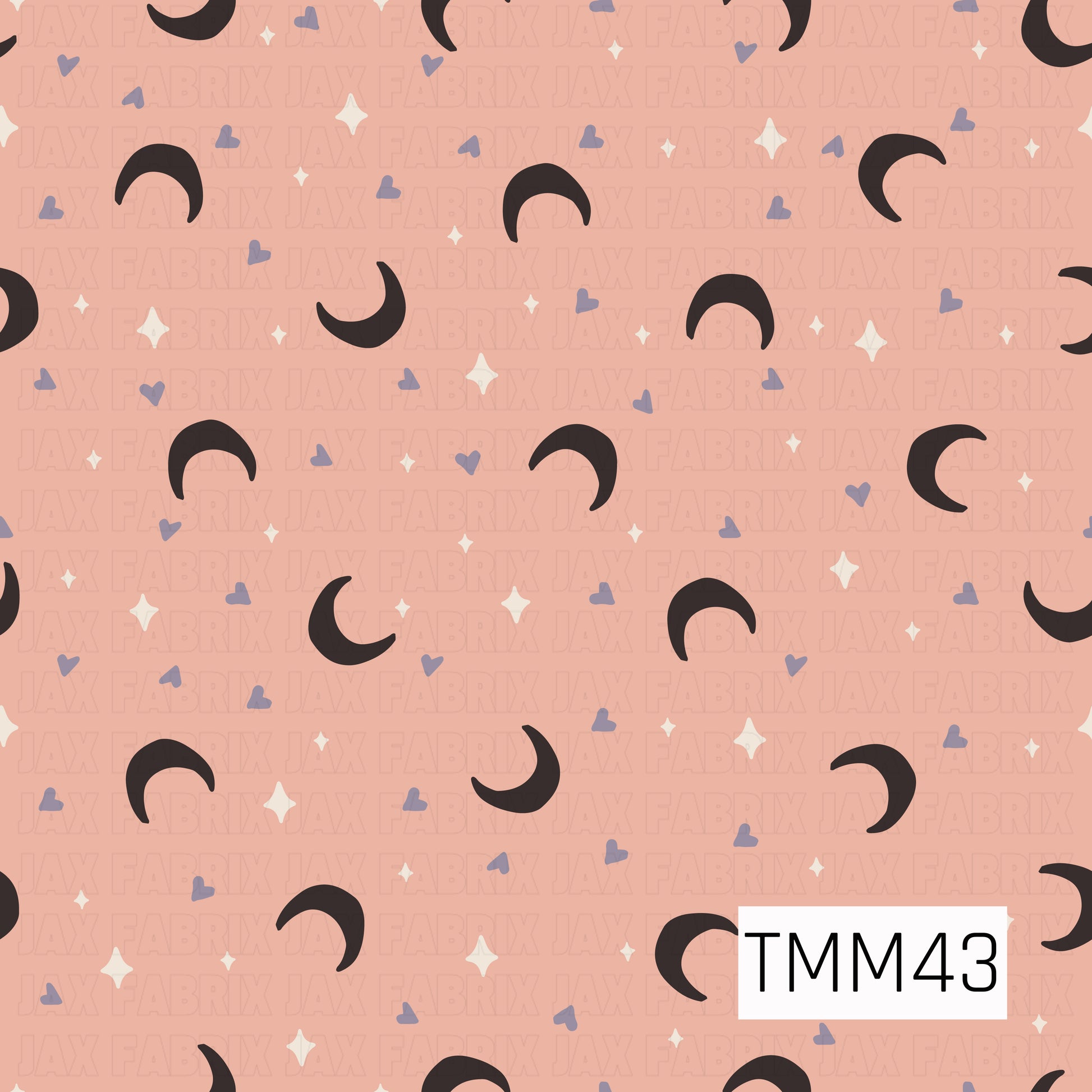 Black crescent moons are scattered across a soft blush pink background with tiny lavender hearts and white twinkling stars, creating a simple celestial design with a sweet, whimsical feel.
