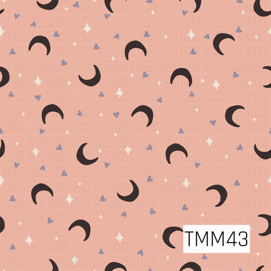 Black crescent moons are scattered across a soft blush pink background with tiny lavender hearts and white twinkling stars, creating a simple celestial design with a sweet, whimsical feel.
