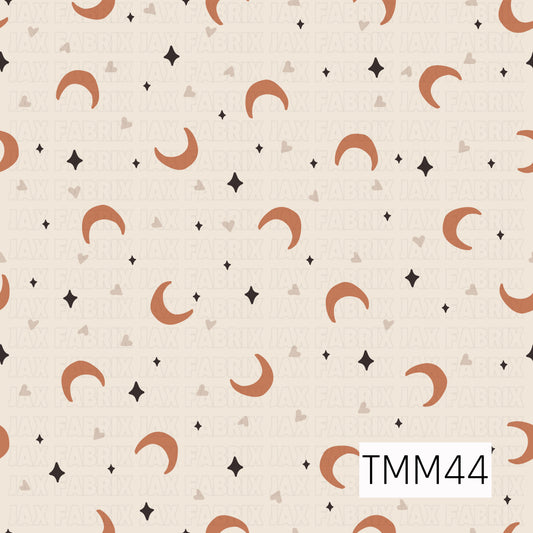 Warm pumpkin-colored crescent moons are scattered across a soft cream background with tiny tan hearts and black twinkling stars, creating a simple celestial design with a cozy, neutral feel.
