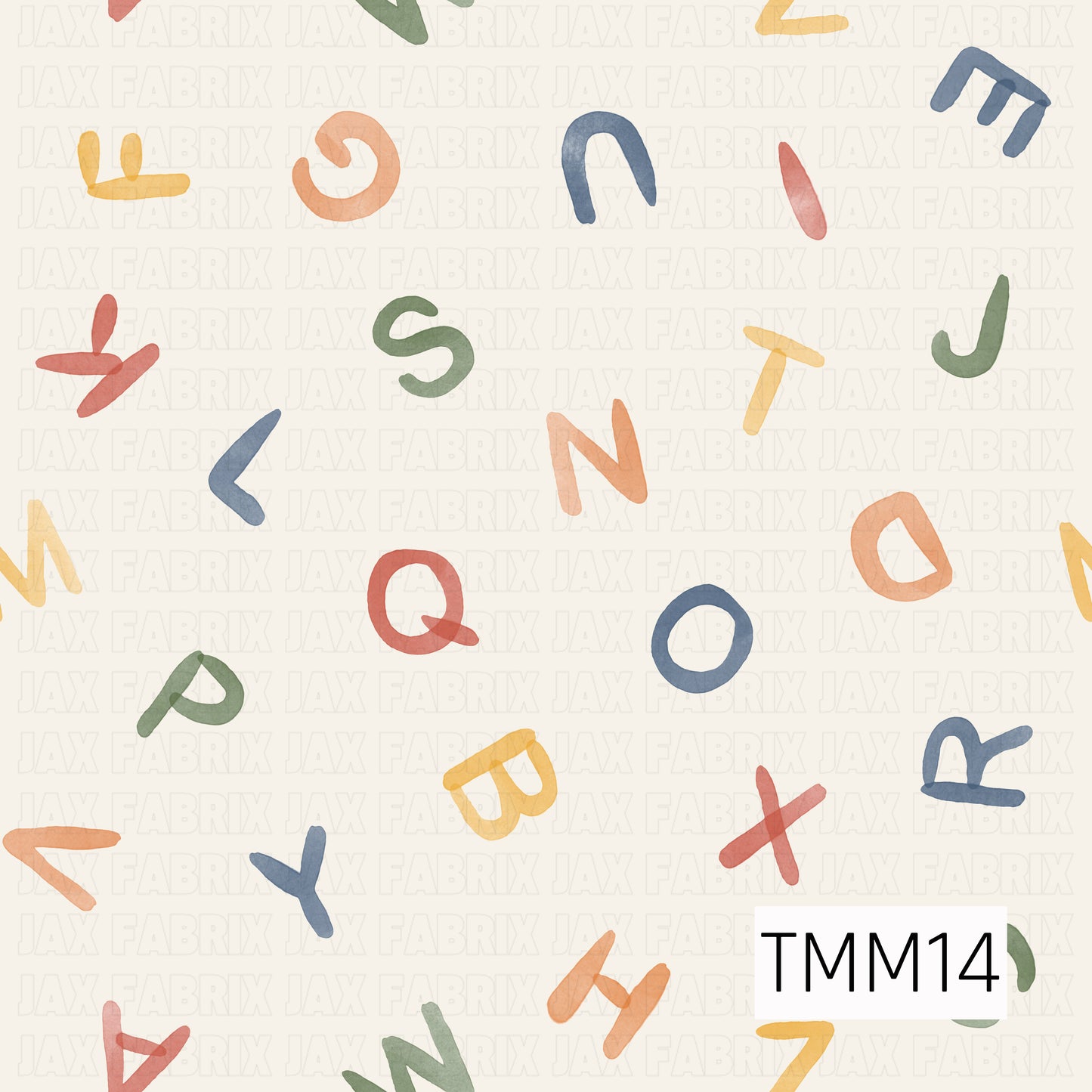 Whimsical watercolor alphabet letters in soft muted tones scattered across a warm cream background, creating a playful and educational pattern perfect for school, nursery, and children's designs. 

