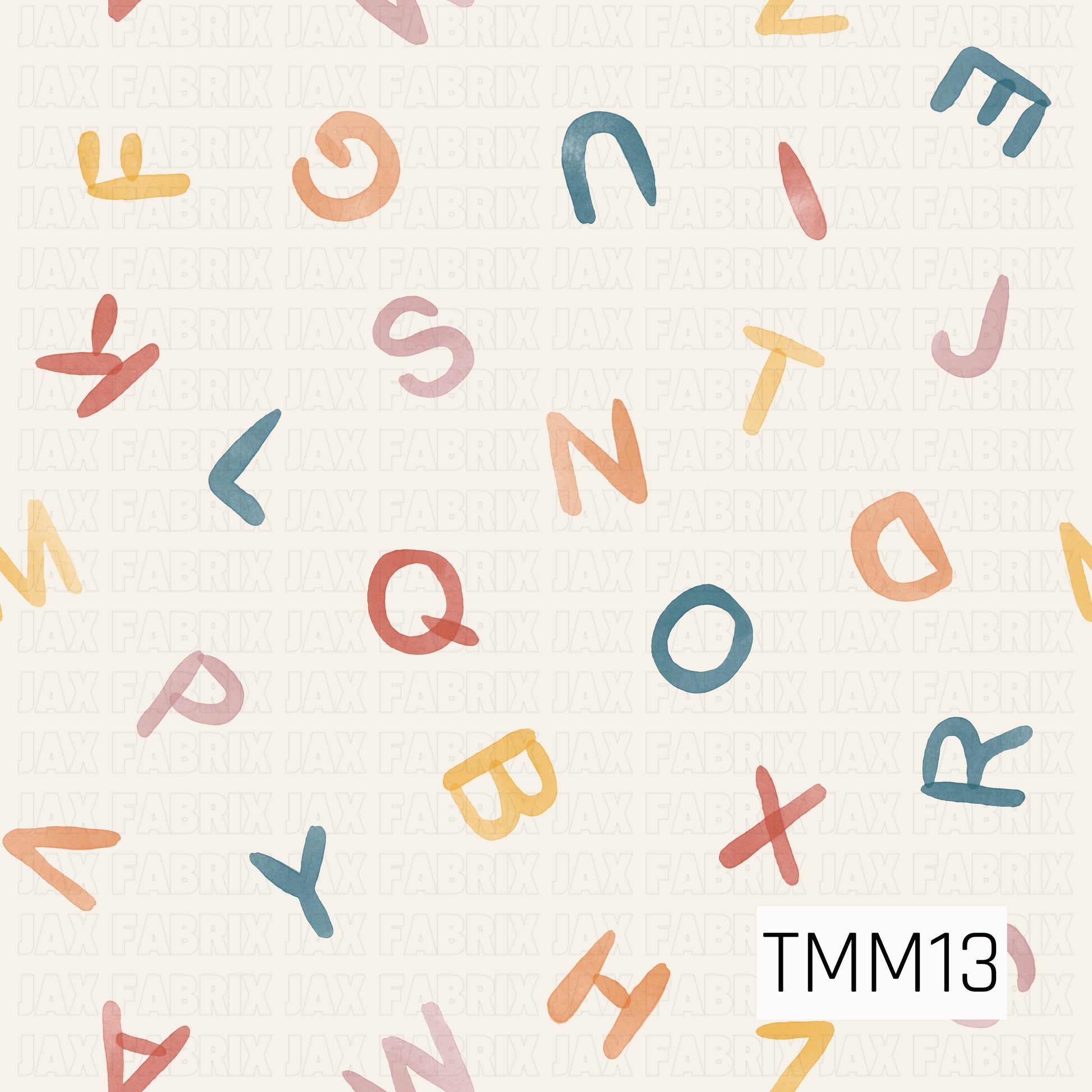 Playful watercolor letters in soft pastel shades scattered across a cream background, creating a fun and educational design perfect for back-to-school, nursery, and children's projects. 