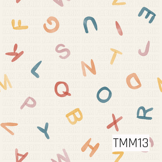Playful watercolor letters in soft pastel shades scattered across a cream background, creating a fun and educational design perfect for back-to-school, nursery, and children's projects. 