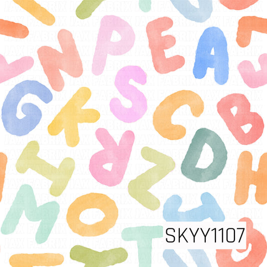 A playful watercolor alphabet pattern featuring oversized pastel letters in shades of coral, blue, pink, yellow, green, and teal scattered across a crisp white background. The hand-painted look gives this design a fun, whimsical feel.
