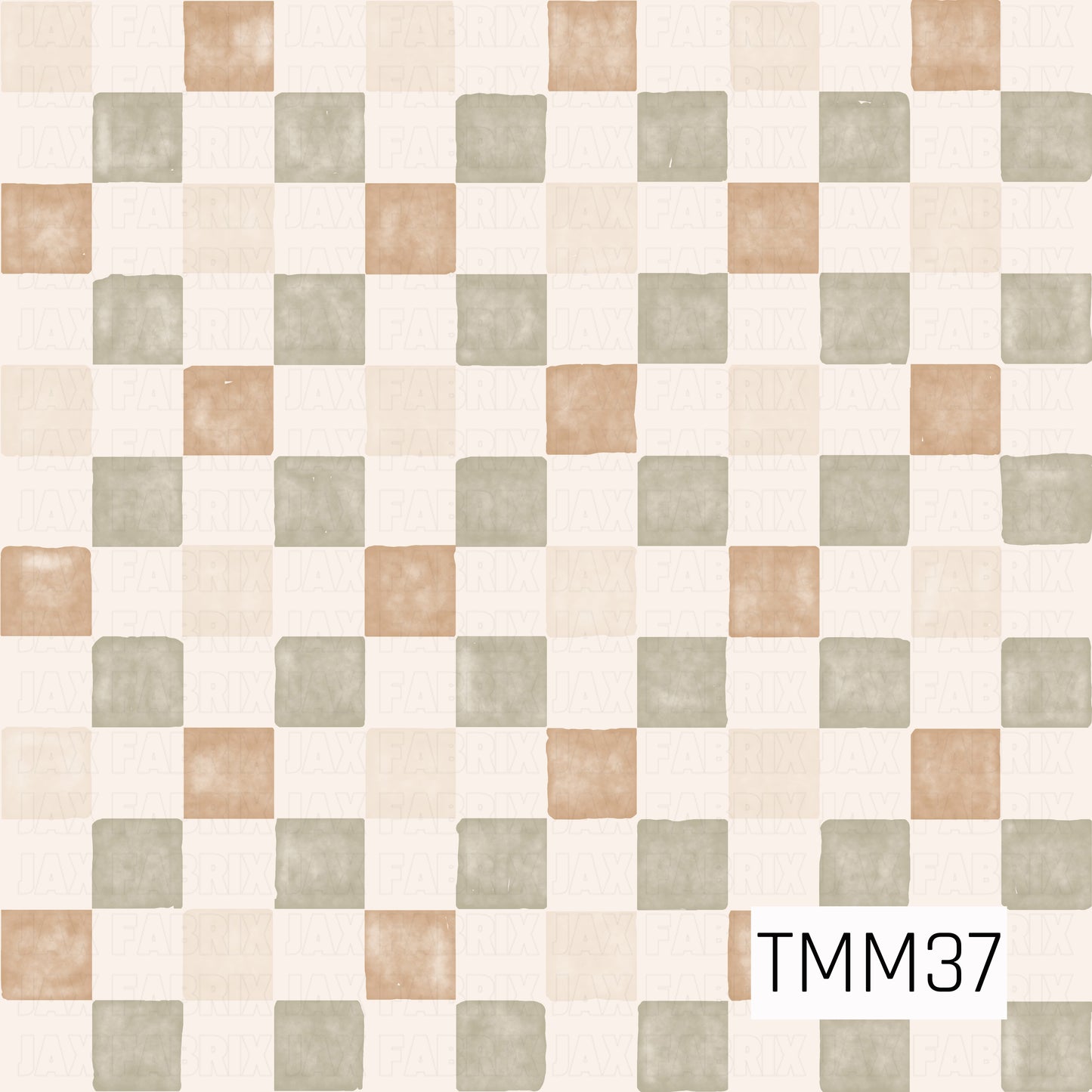A soft watercolor checkerboard pattern featuring alternating sage green and warm beige squares on a creamy background. The hand-painted texture gives this classic check a subtle, organic look, making it a versatile coordinating print for coastal, cottage, farmhouse, and seasonal sewing projects.
