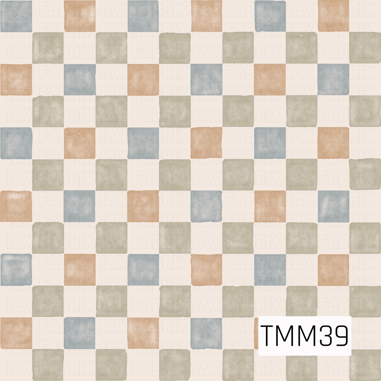 A soft watercolor checkerboard pattern featuring alternating dusty blue, sage green, and warm beige squares on a creamy background. The hand-painted texture adds a gentle, organic feel, creating a versatile coordinating print with a calming coastal and cottage-inspired palette.
