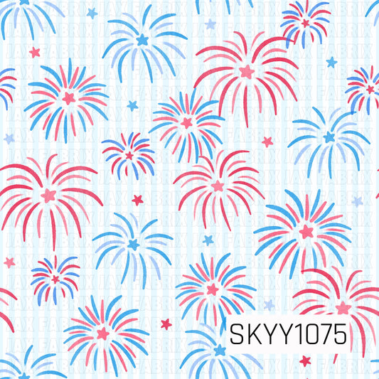design with red and blue fireworks and stars with light blue stripe background