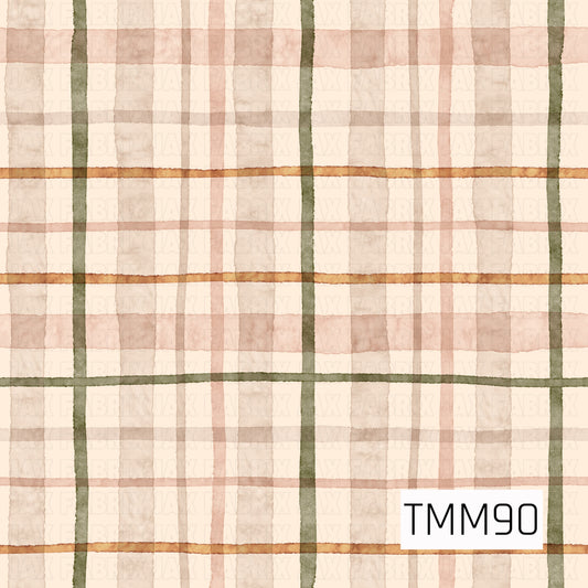 A soft watercolor plaid pattern featuring layered blush pink, warm tan, olive green, and cream stripes. The hand-painted lines vary in width and opacity, creating a cozy, organic look with a soft muted color palette.
