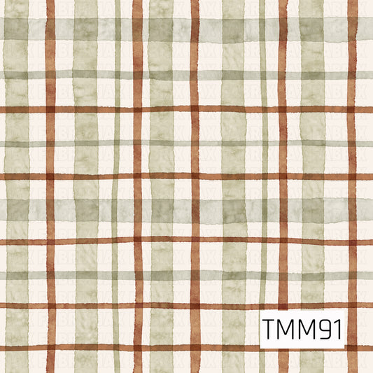 A soft watercolor plaid pattern featuring layered sage green and warm rust brown stripes on a creamy off-white background. The hand-painted lines vary in width and opacity, giving the design a cozy, organic feel with a muted earthy color palette.
