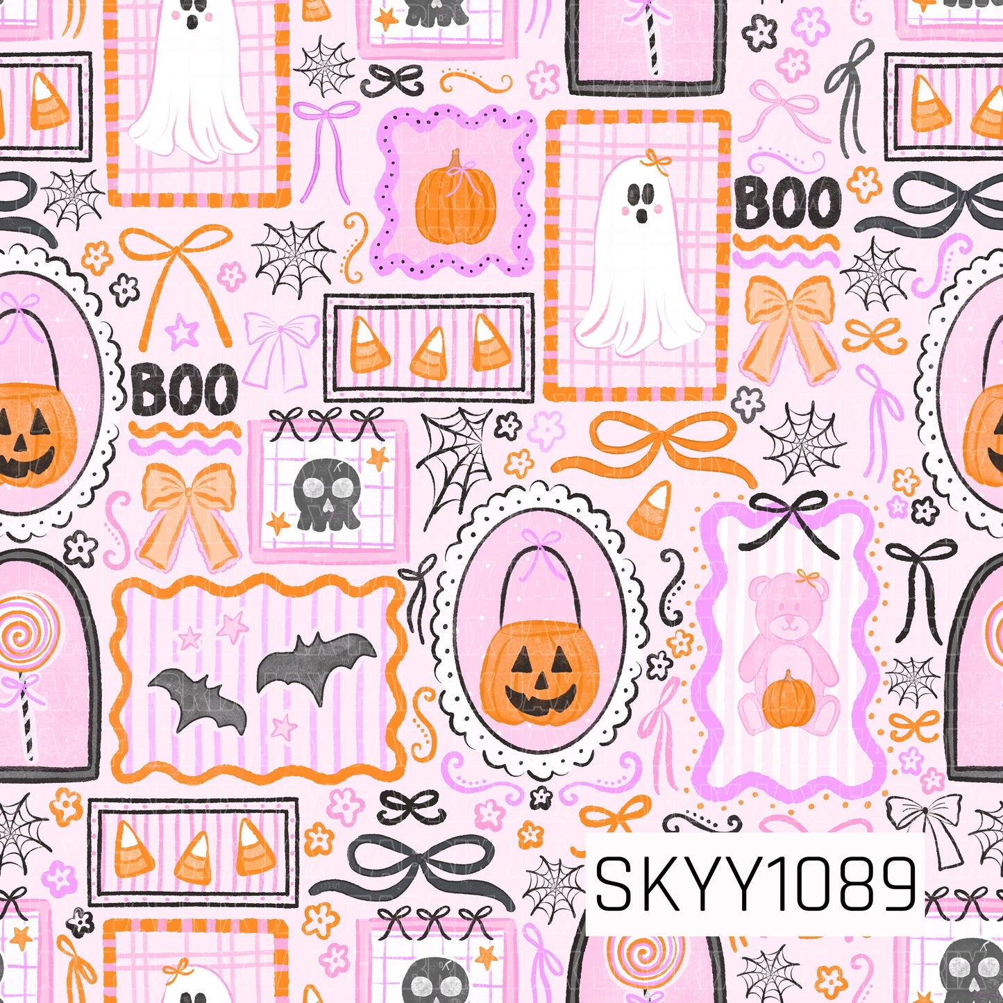 A whimsical seamless Halloween pattern featuring framed illustrations of friendly ghosts, pumpkins, bats, candy corn, skulls, bows, spider webs, lollipops, and a sweet teddy bear holding a pumpkin. Set against a soft pink background with plaid and striped accents, this charming collage combines pastel pink, lavender, orange, black, and white for a cozy vintage-inspired Halloween aesthetic.
