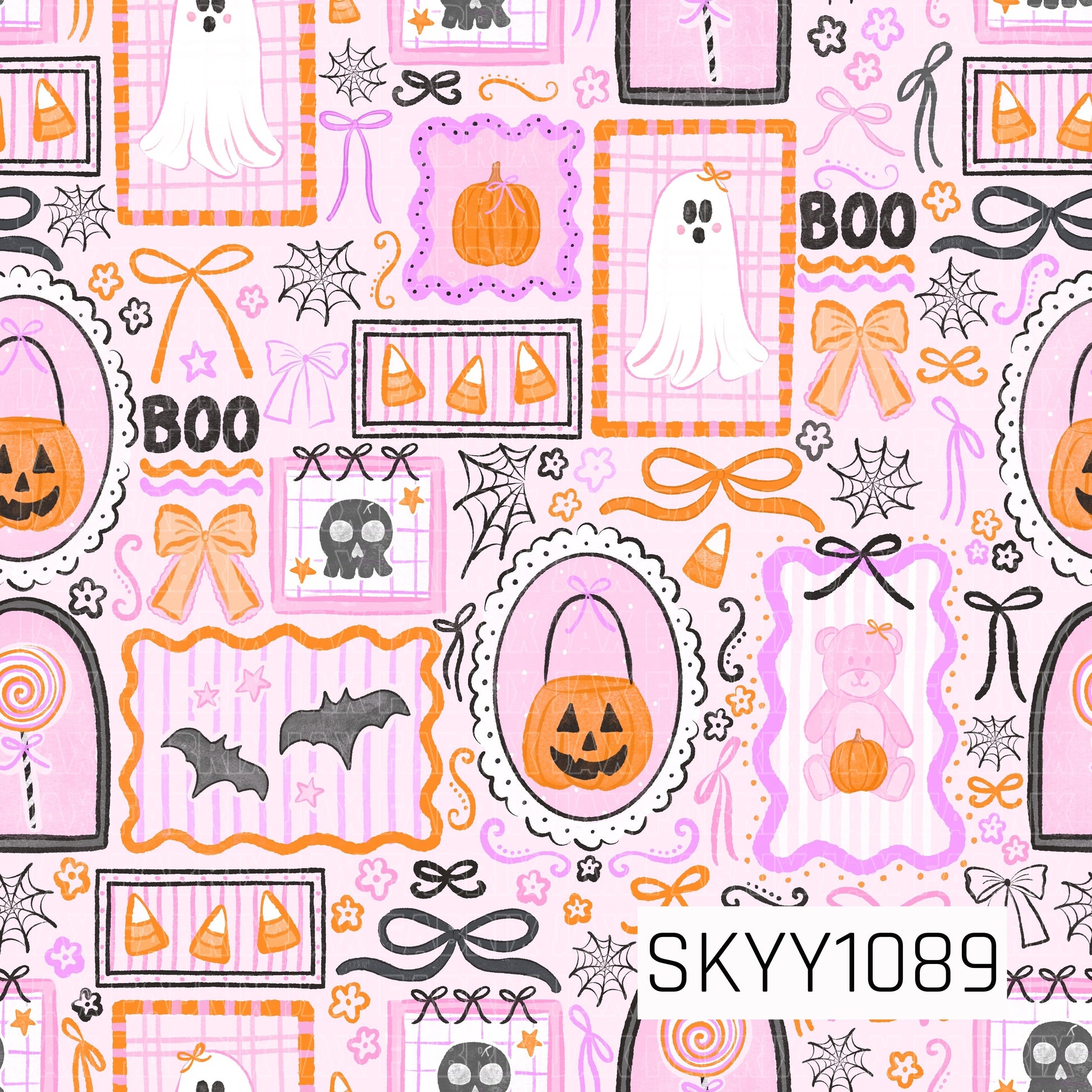 A whimsical seamless Halloween pattern featuring framed illustrations of friendly ghosts, pumpkins, bats, candy corn, skulls, bows, spider webs, lollipops, and a sweet teddy bear holding a pumpkin. Set against a soft pink background with plaid and striped accents, this charming collage combines pastel pink, lavender, orange, black, and white for a cozy vintage-inspired Halloween aesthetic.
