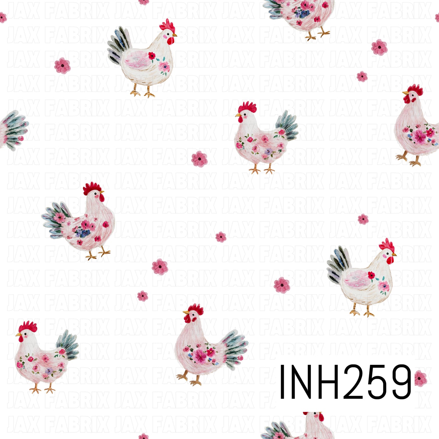 Pattern of decorative chickens with floral designs on a white background