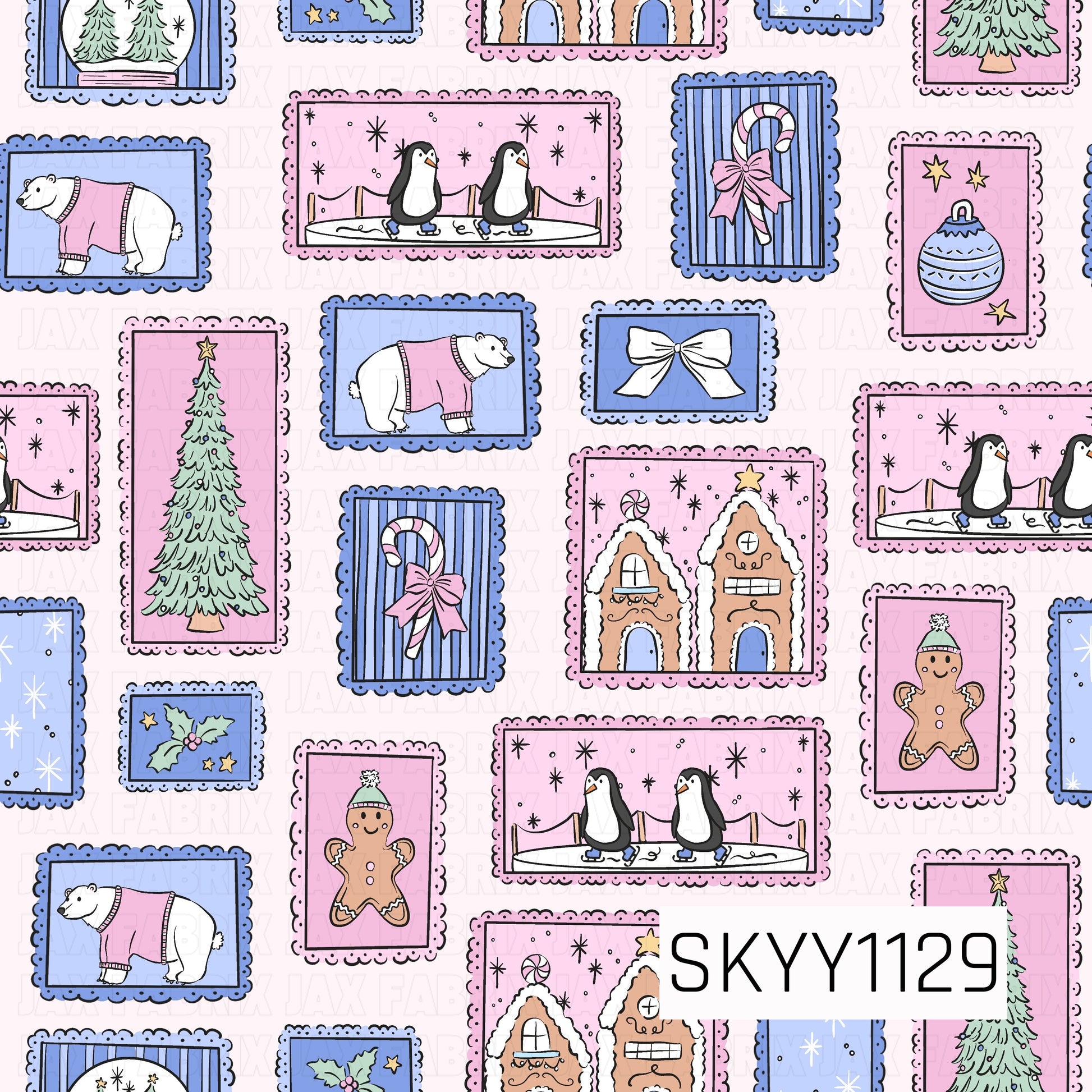 A playful winter holiday seamless pattern featuring whimsical framed illustrations of penguins ice skating, polar bears in pink sweaters, gingerbread houses and cookies, Christmas trees, candy canes, ornaments, bows, holly, and snowy accents. A cheerful palette of pastel pink, periwinkle blue, mint green, and warm gingerbread brown gives the design a sweet, retro-inspired Christmas feel.
