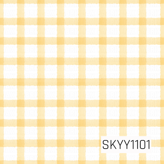 A soft watercolor gingham featuring warm buttery yellow checks on a crisp white background. This simple, classic plaid has a light hand-painted texture that adds a cheerful and timeless touch.
