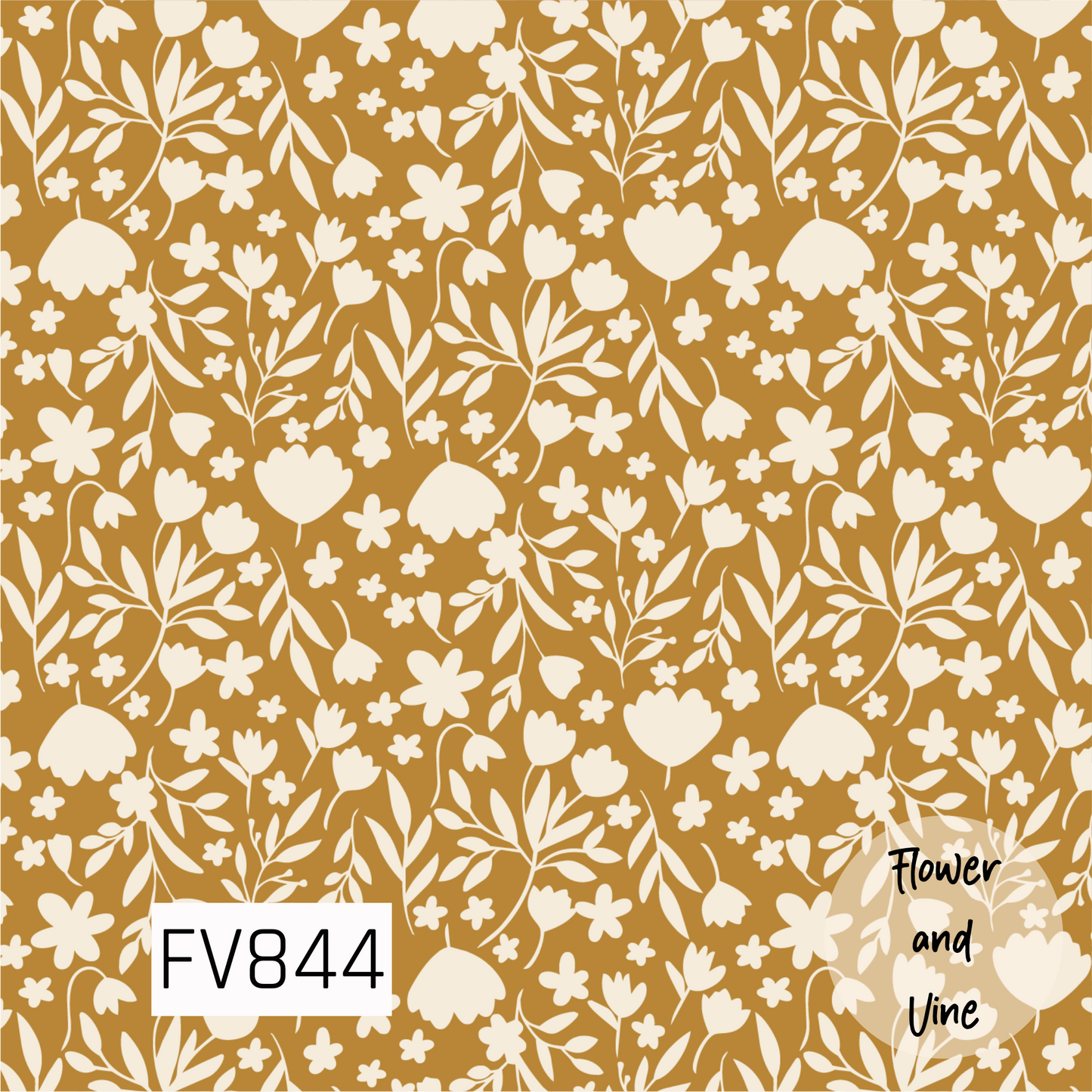 A warm botanical print featuring cream flowers, leafy branches, and delicate floral sprigs scattered across a rich mustard gold background. The simple silhouette-style florals give the design a cozy, vintage-inspired feel that is perfect for fall while still being versatile enough for year-round use.

