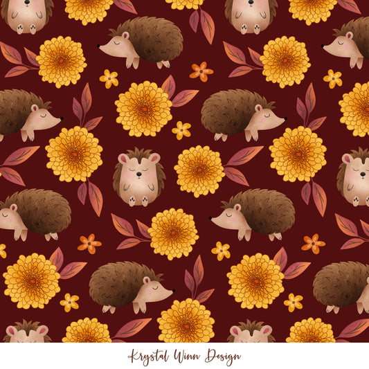 Fall Y'all Floral Hedgehogs Maroon KW95